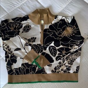 Anthropologie Floral Half-Zip Knit Sweater in Black, Cream & Tan
